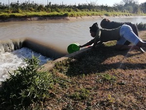 Photo of two people taking water from a canal