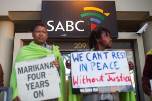 Protest outside SABC for 'Miners Shot Down' film